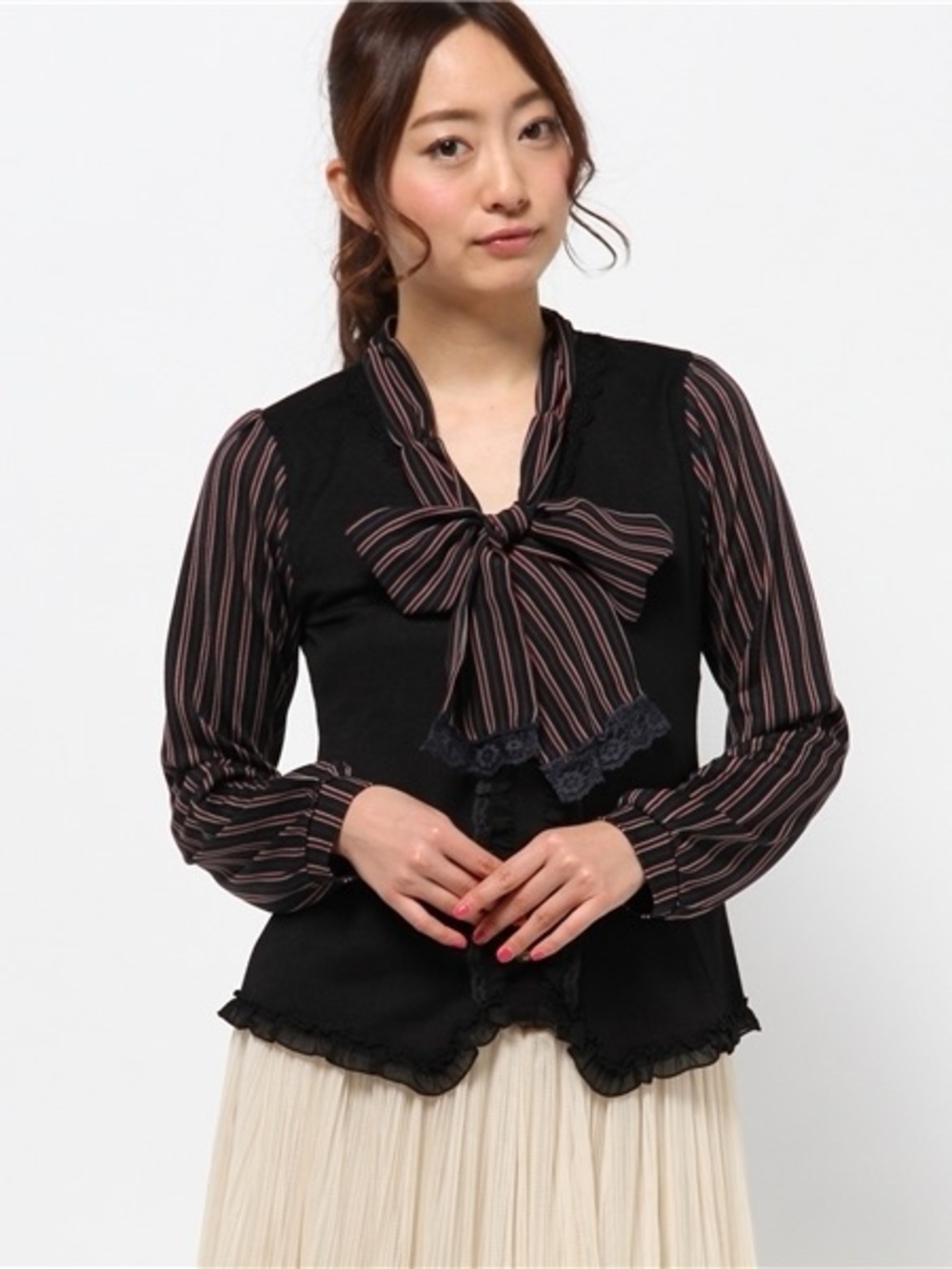 Striped Black Tie-Neck Blouse
